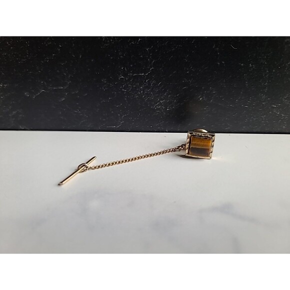 Tigers Eye Square Tie Tack 1970s - Picture 2 of 10